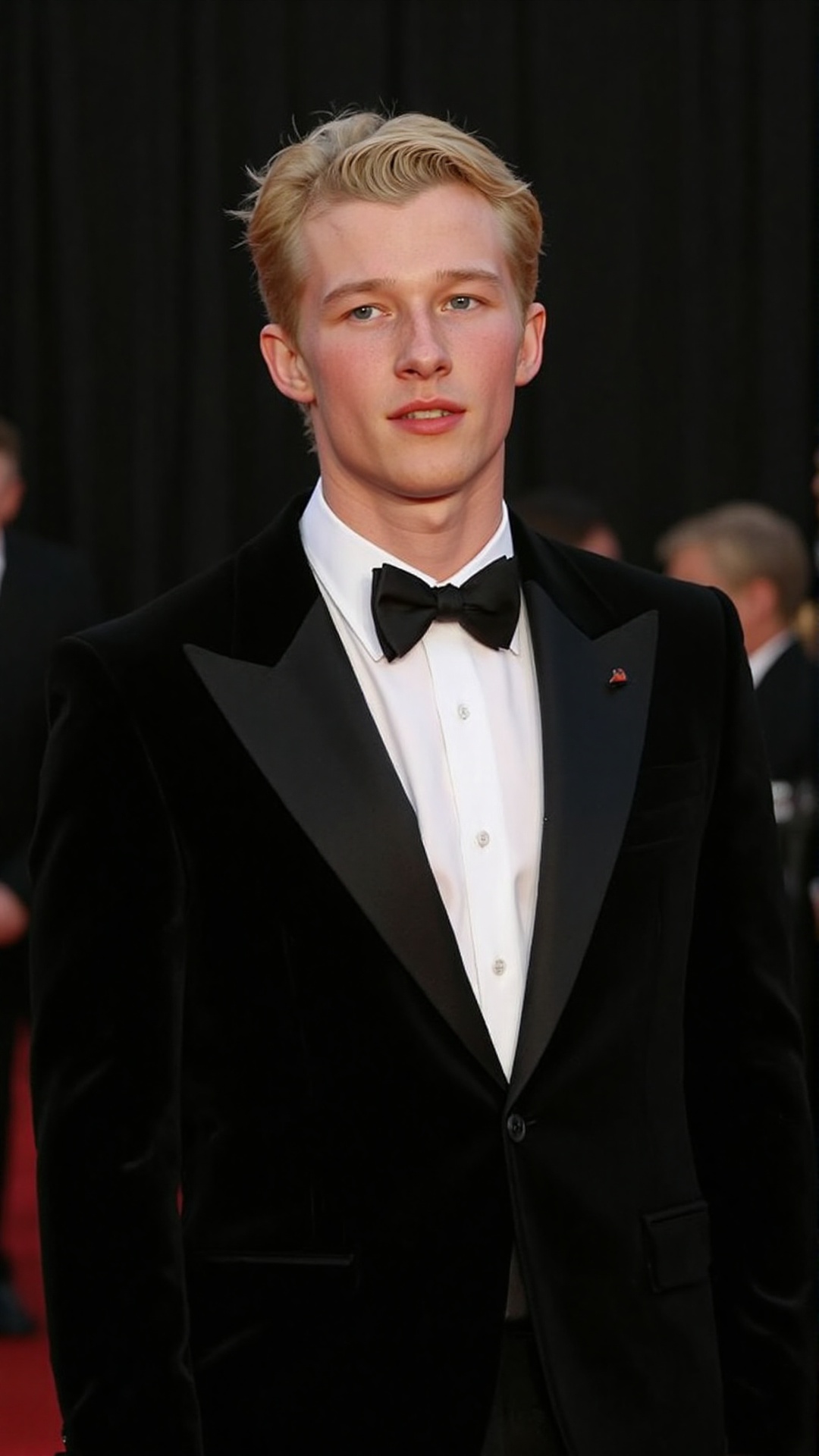 a 2000s paparazzi photo of a 18 years old handsome young man,  he is wearing a black velvet tuxedo by Gucci by Tom Ford. H...