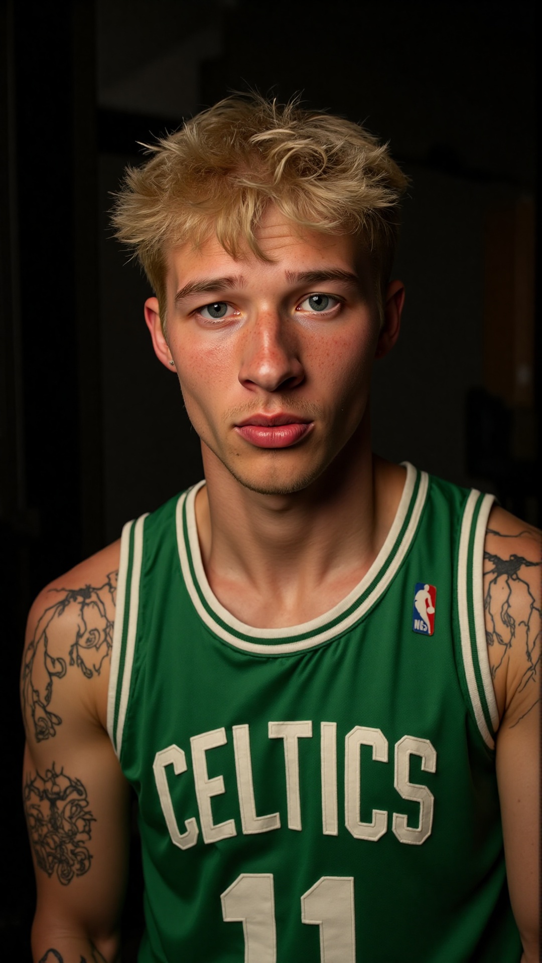 A stunning shot of a 20-year-old Caucasian basketball player,  drenched in sweat,  wearing a green Boston Celtics NBA jers...