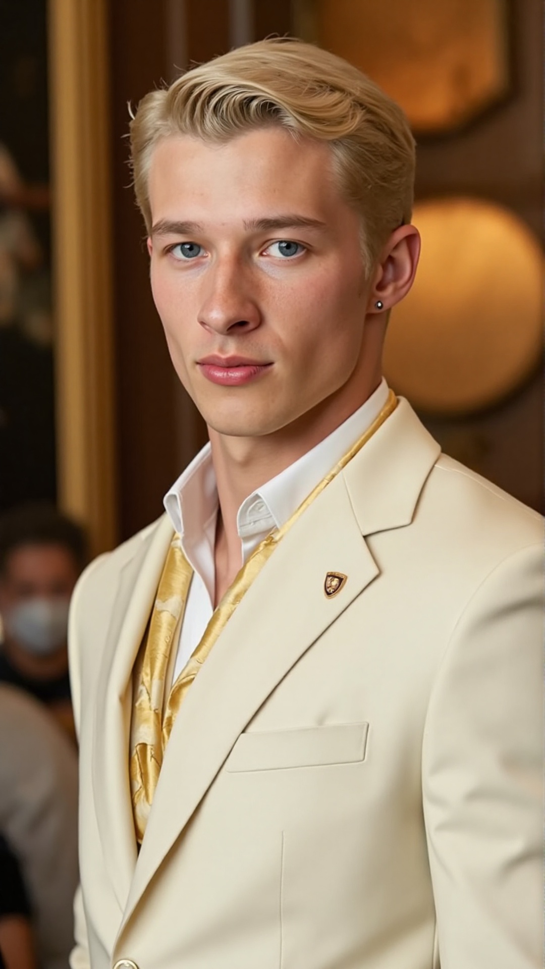 A poised young man exudes timeless elegance in this Ralph Lauren campaign. He wears a crisp ivory suit layered over a whit...