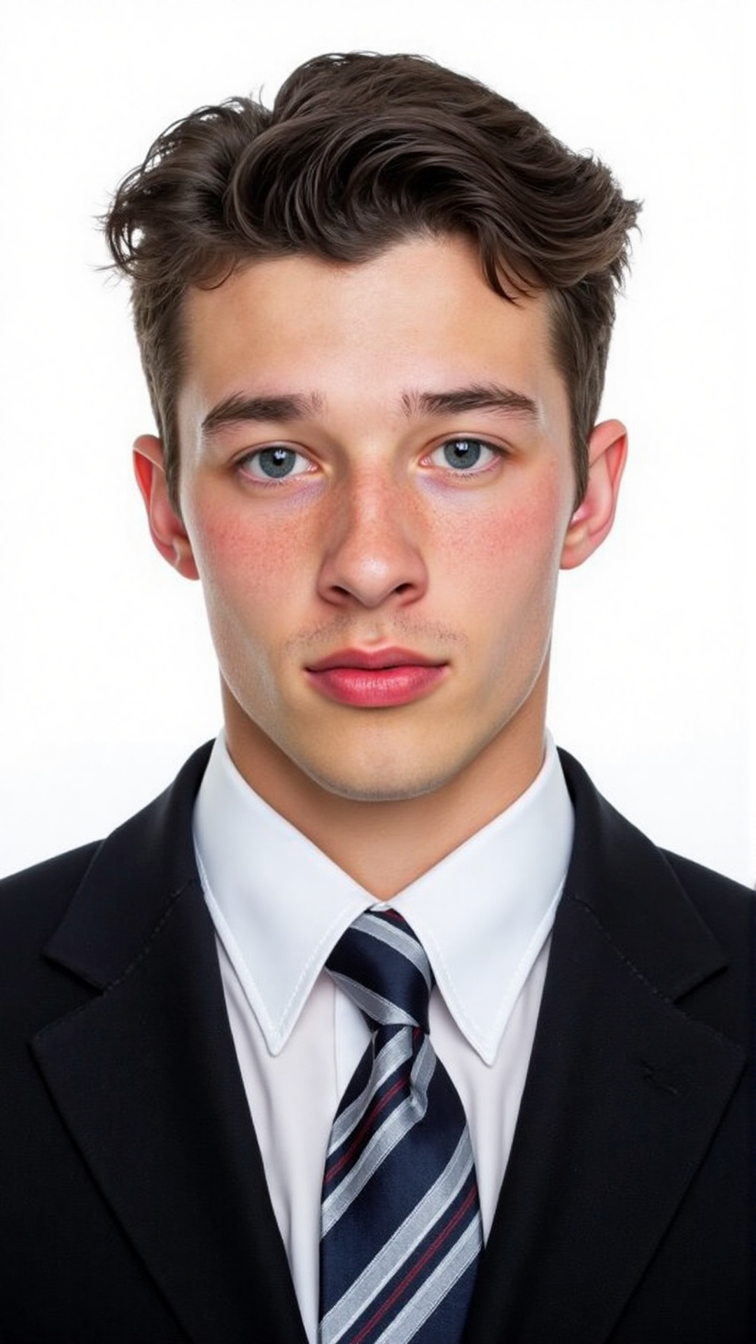 an ID photo of a teenager boy dressed in formal business attire. He has short dark hair,  thick eyebrows,  blushed cheeks...