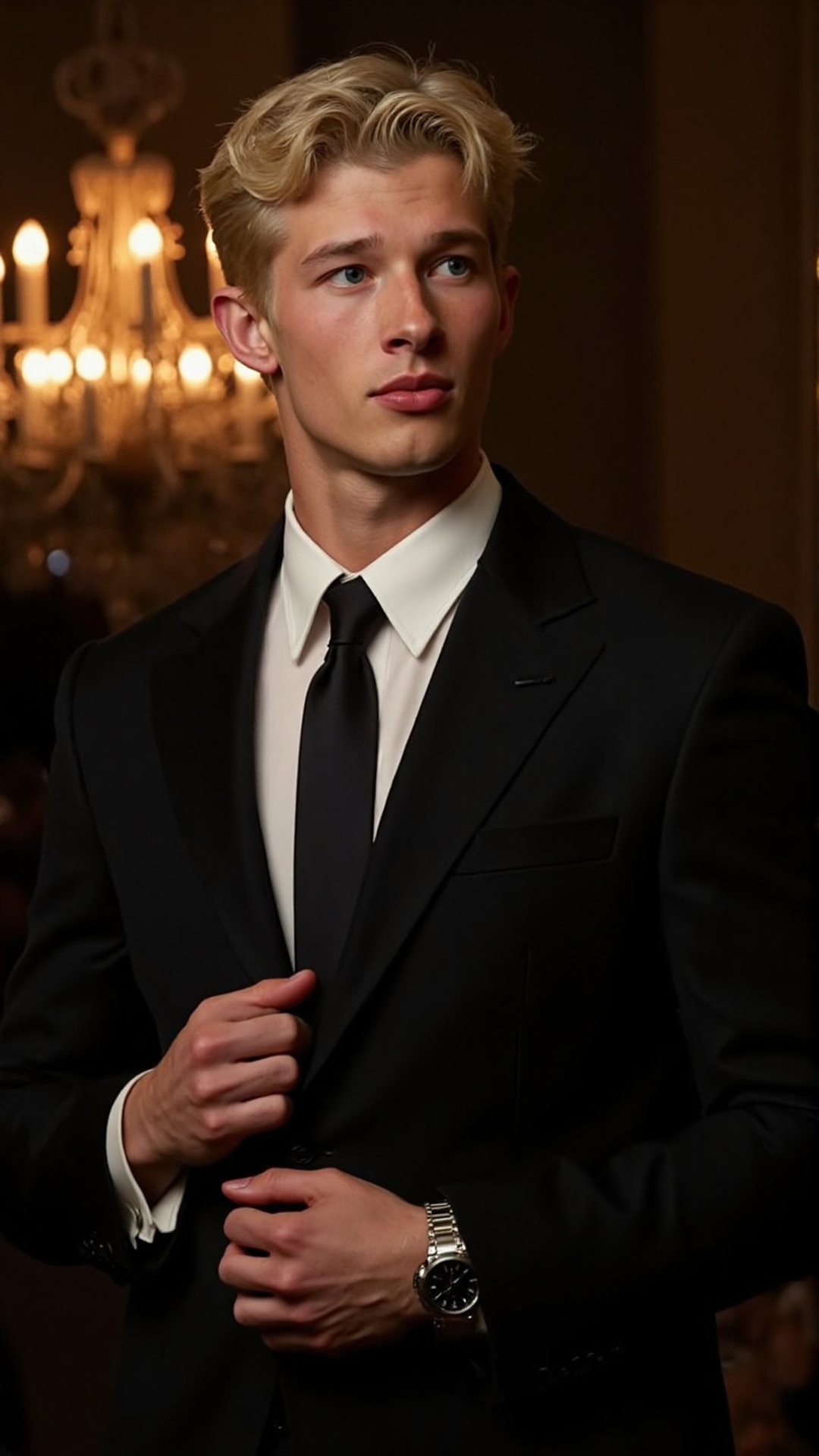 A young man with chiseled facial features,  striking blue eyes,  and tousled dark blonde hair on Tensor.Art