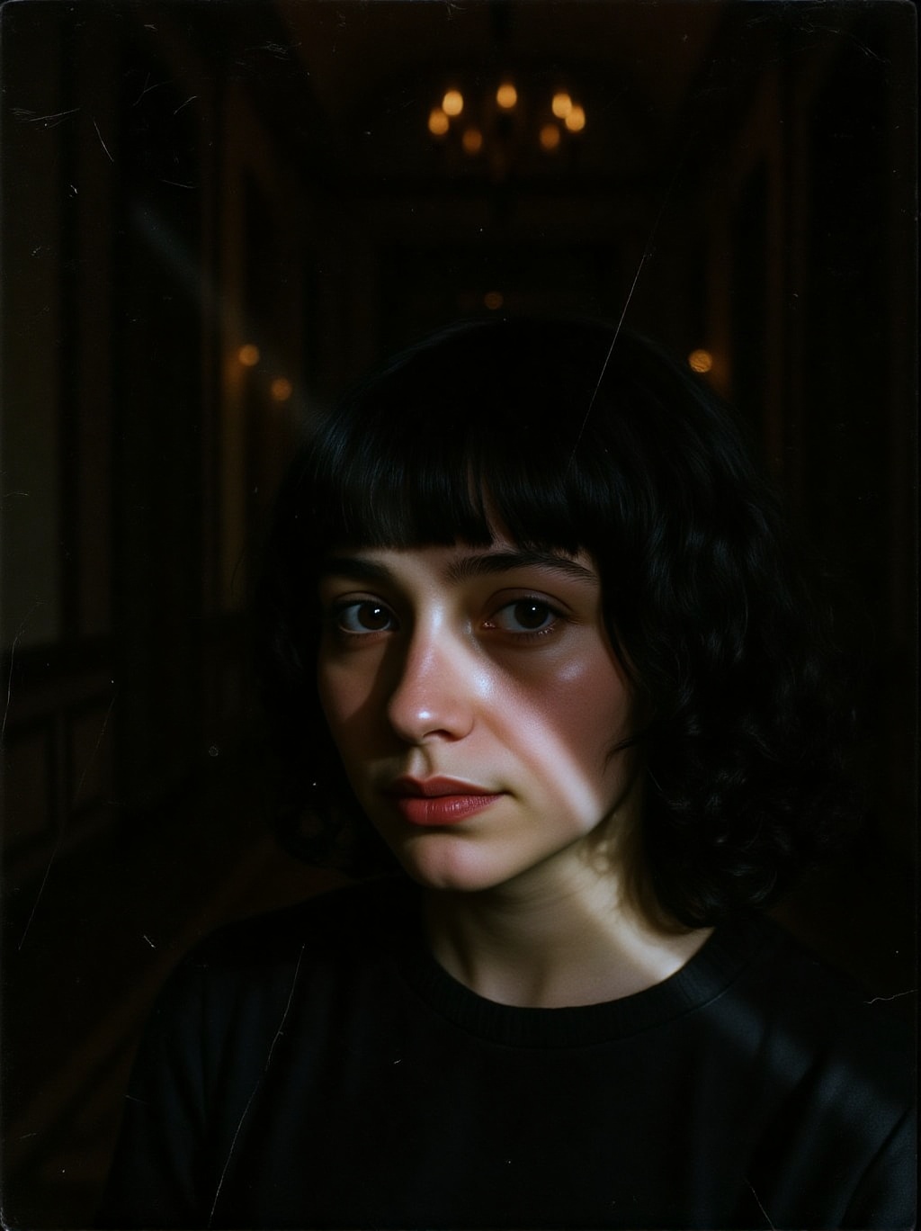 analog photo portrait of a pale goth girl in a dark baroque old foyer with a band of light falling stark and angular acros...