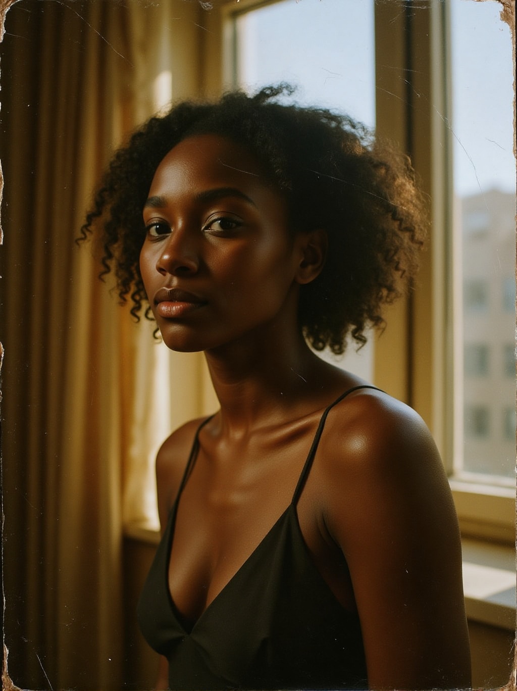 analog photo extreme closeup head and shoulders portrait of a beautiful Kenyan model,  boudoire scene,  bright backlit sun...