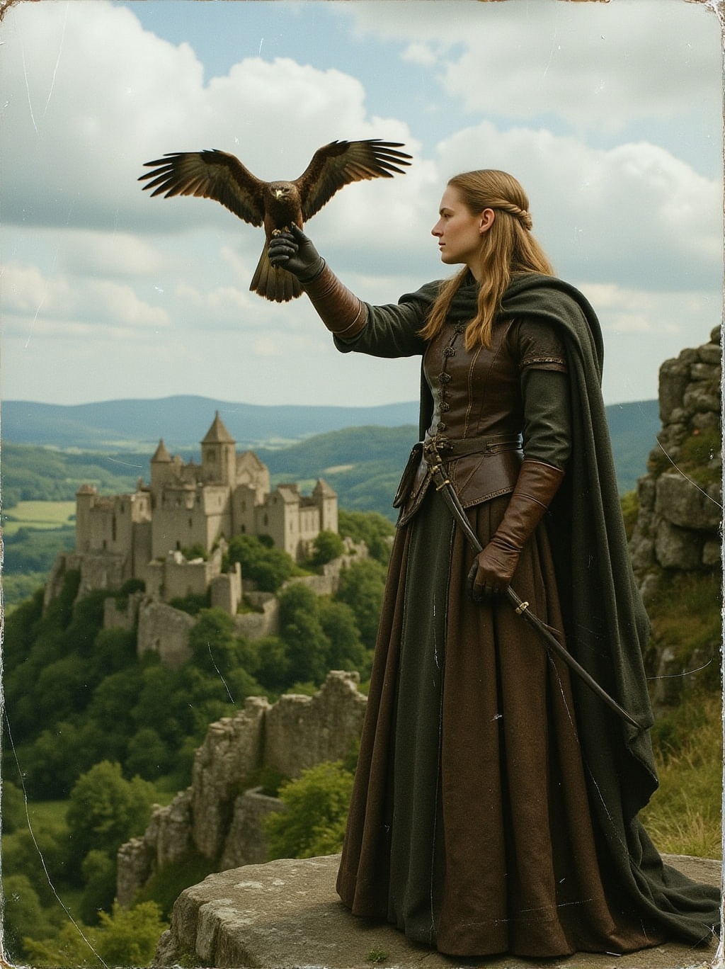 analog photo of a falconer in medieval attire with a majestic eagle perched on her leather-gloved arm,  standing atop a wi...