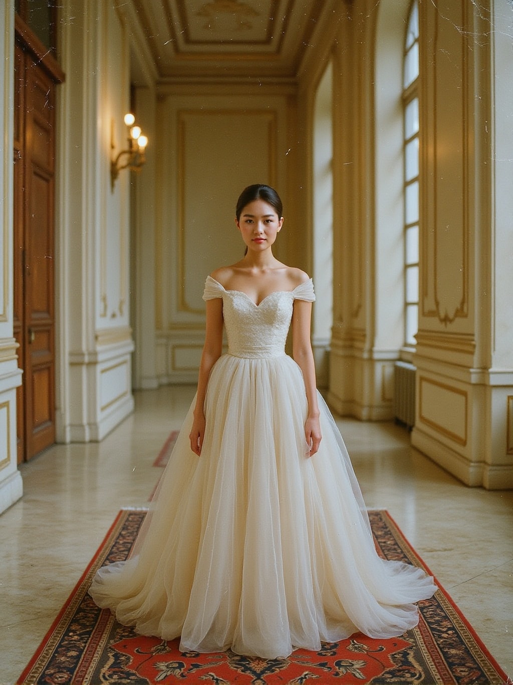 analog photo bright portrait of a beautiful Asian model wearing a haute couture gown in a tall bright hall of marble floor...