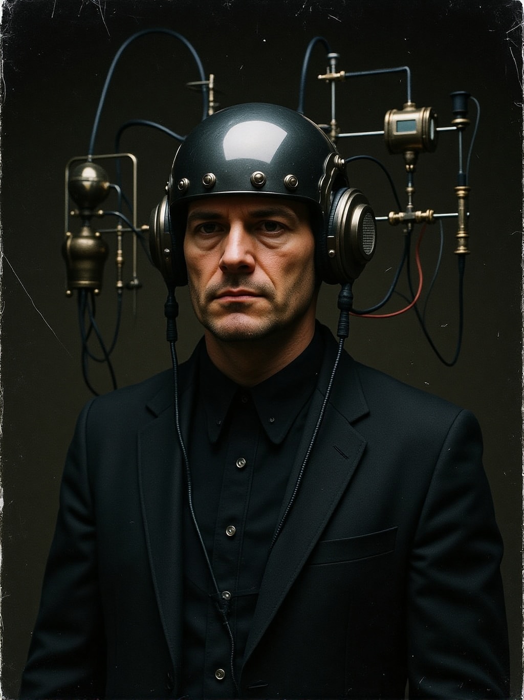 analog photo portrait of a dark cybersteampunk man who interfaces with a retro-futuristic rube-goldberg manifestation of t...