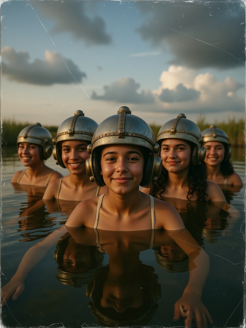analog photo closeup portrait of diverse cheerful young adults wearing steampunk iron helmets as they sink deep into a Flo...