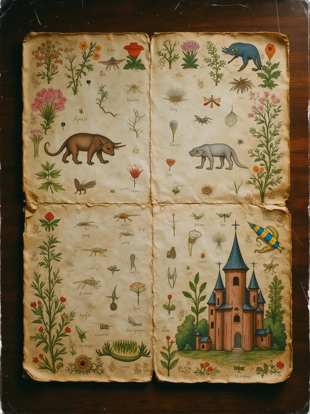 analog photo of a lost parchment page from the Voynich manuscript with illustrations of little beasts and plants and inscr...