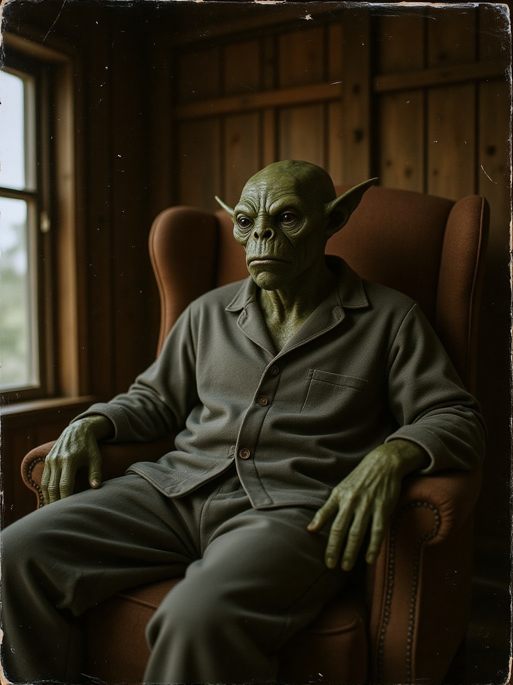 analog photo portrait of an interstellar traveller monster relaxing in his dress-down sweats in a rustic room environment...