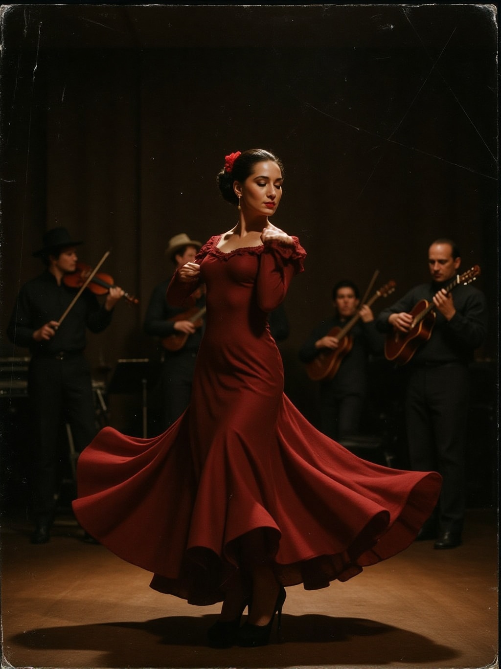 analog photo portrait of a tall graceful flamenco dancer with flowing swirling skirt in a darkened room dramatic light and...