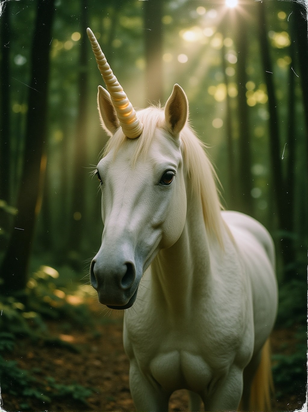 scanned print analog photo of a mythical white unicorn in a forest clearing. The ivory textured horn on the horse's head g...