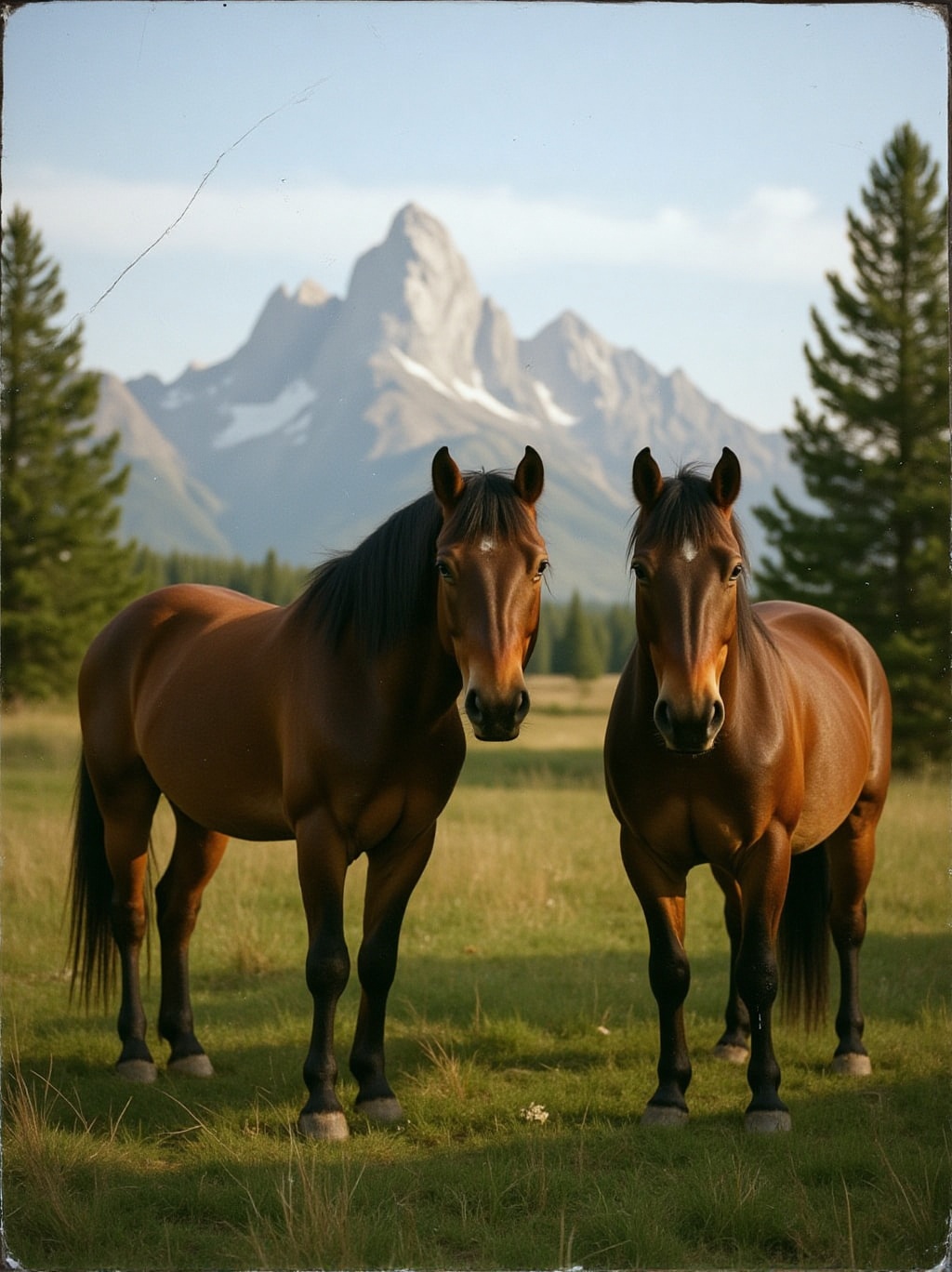 analog photo portrait of a pair of wild horses with the grand Teton mountains in the background in the early morning with...