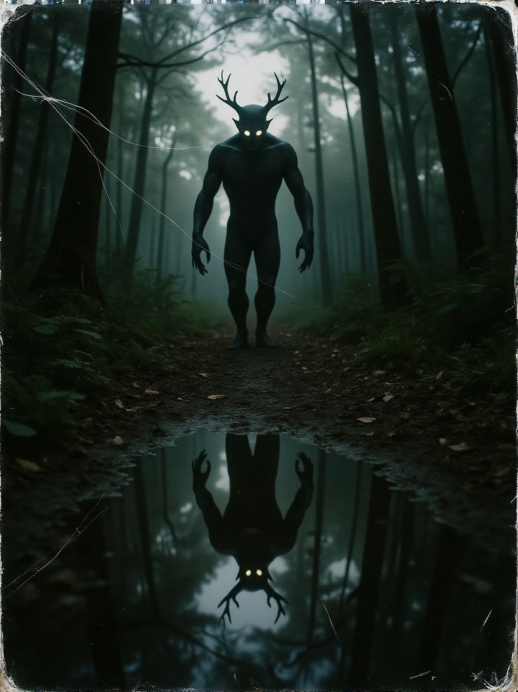 analog photo looking down into a forest puddle we see the dark silhouette and glowing eyes of a wendigo and an incongruous...