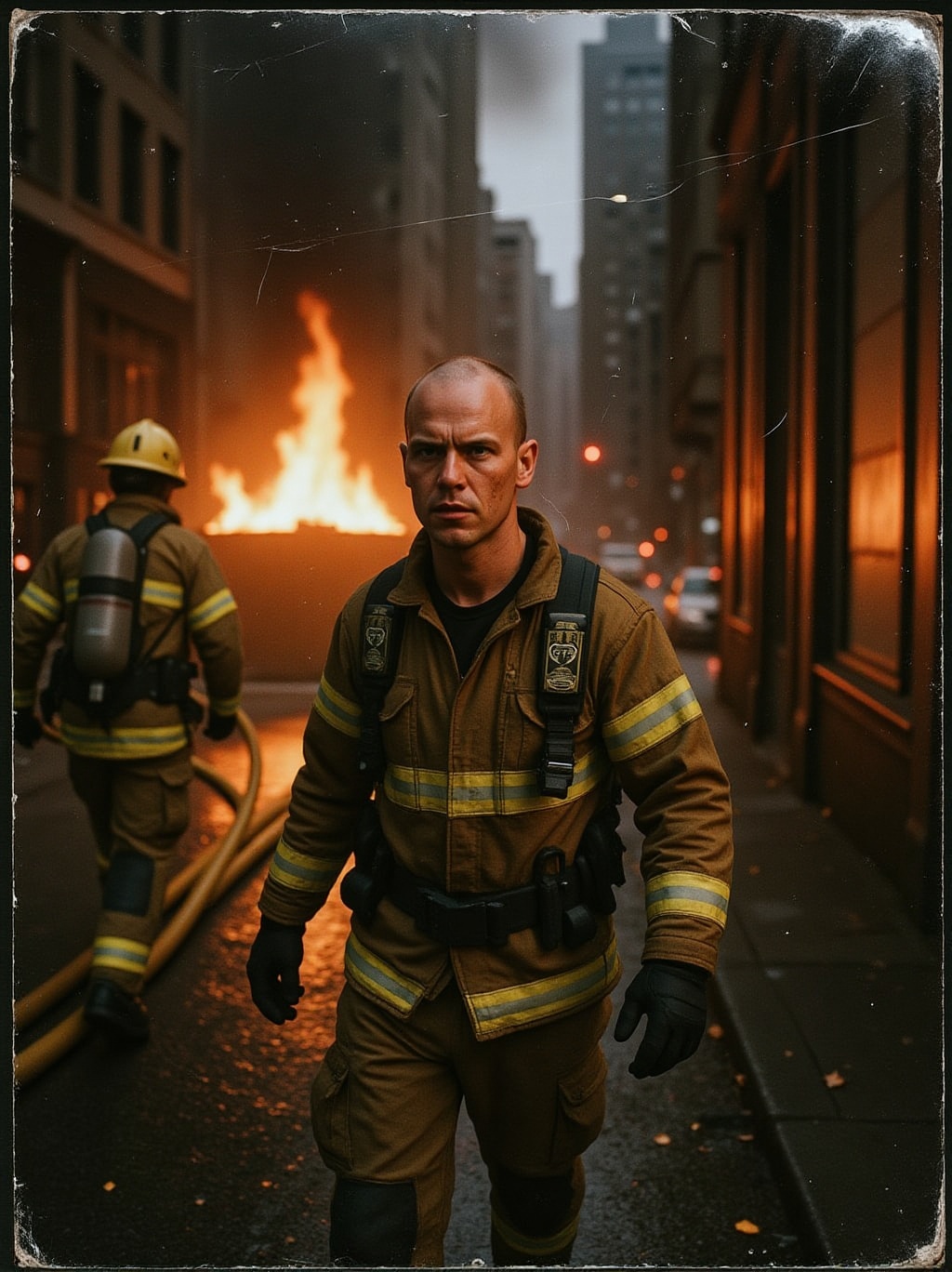 analog photo of a firefighter emerging from a burning building,  face streaked with soot,  embers floating around them on...
