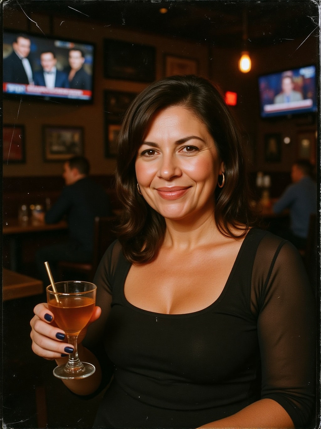 scanned analog photo of a middle-aged brunette woman,  mature and pretty and athletic with a pale complexion but rosy chee...