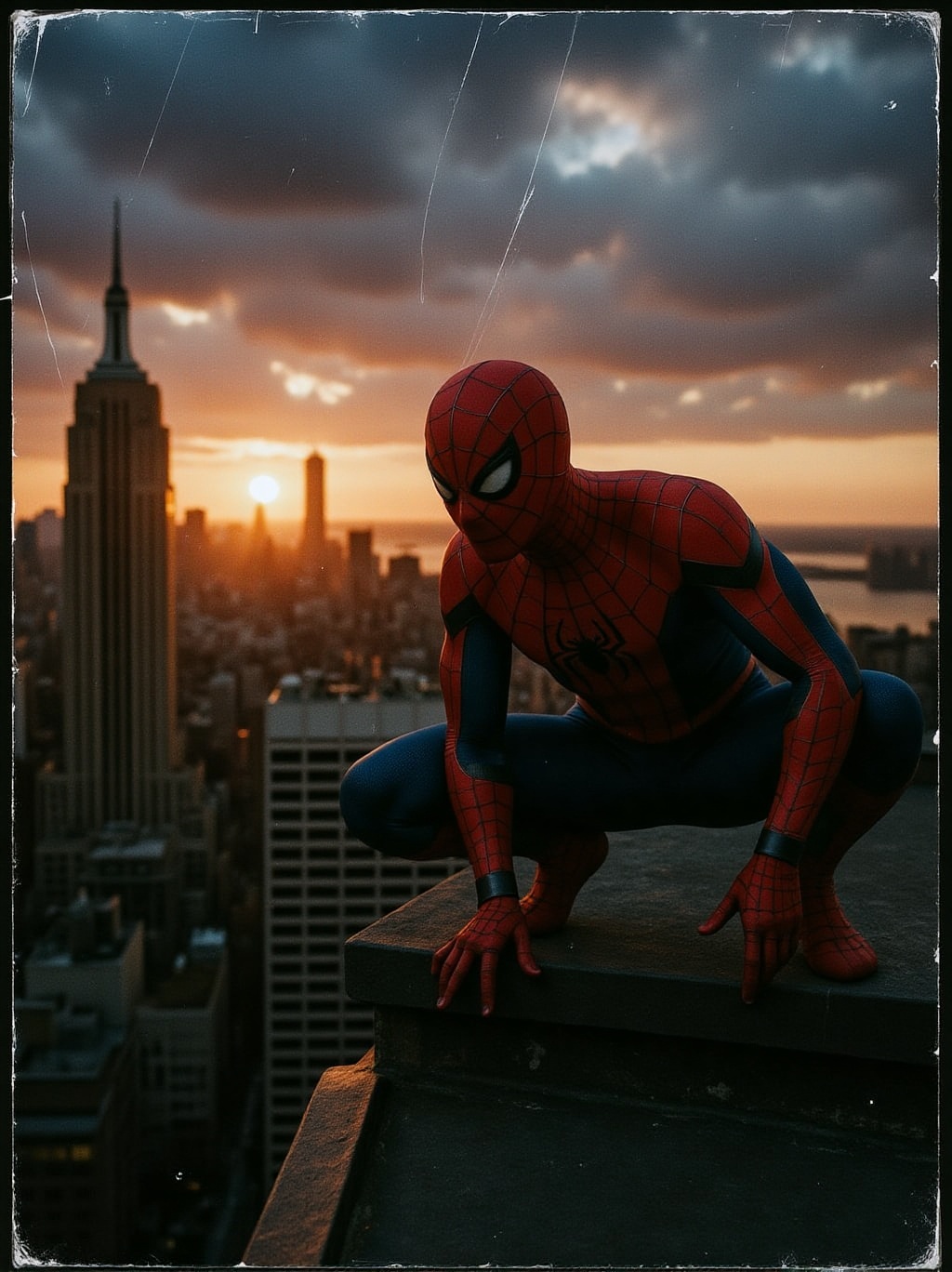 analog photo portrait of a crouching Spiderman on a skyscraper rooftop overlooking dusk New York City with dramatic sun an...