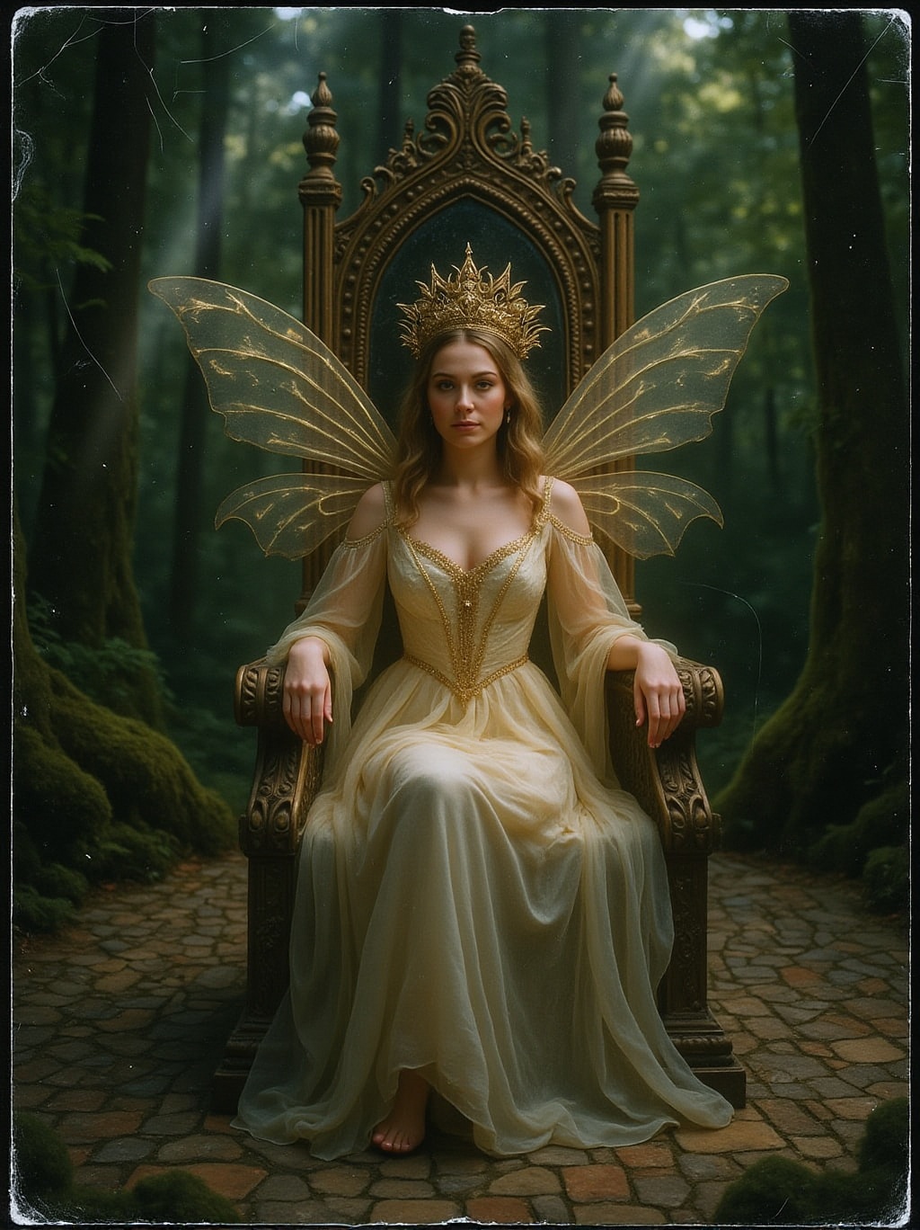 analog photo of closeup portrait of the luminous queen of faerie seated on her marble and onyx throne with kintsugi detail...