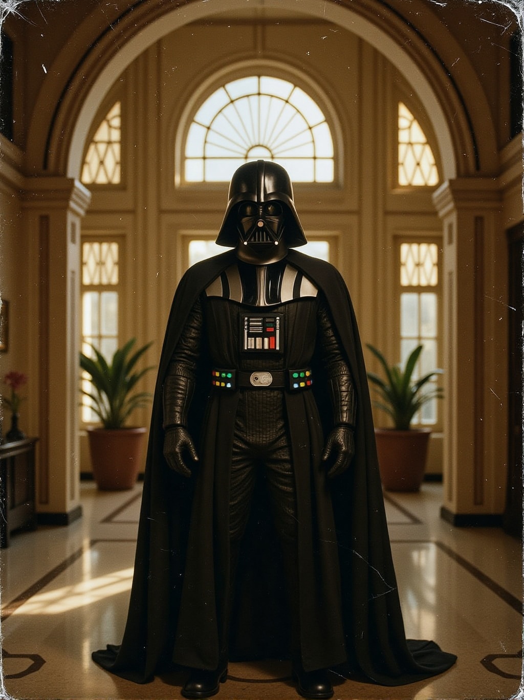 analog photo of portrait of Darth Vader in an art deco foyer bright office building with sun streaming in through a large...