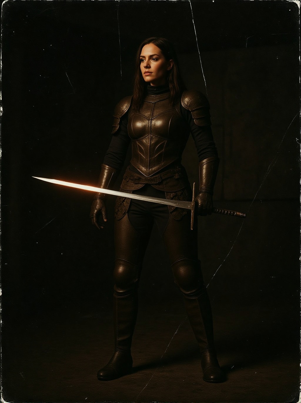 analog photo of a female warrior-woman in form-fitting leather armor and holding glowing sword. Dark environment with stro...