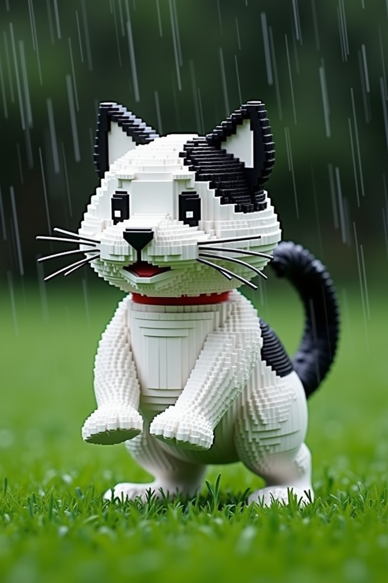 a white and black cat made from pixel blocks is standing under the rain,  natural grass,  brokeh on Tensor.Art