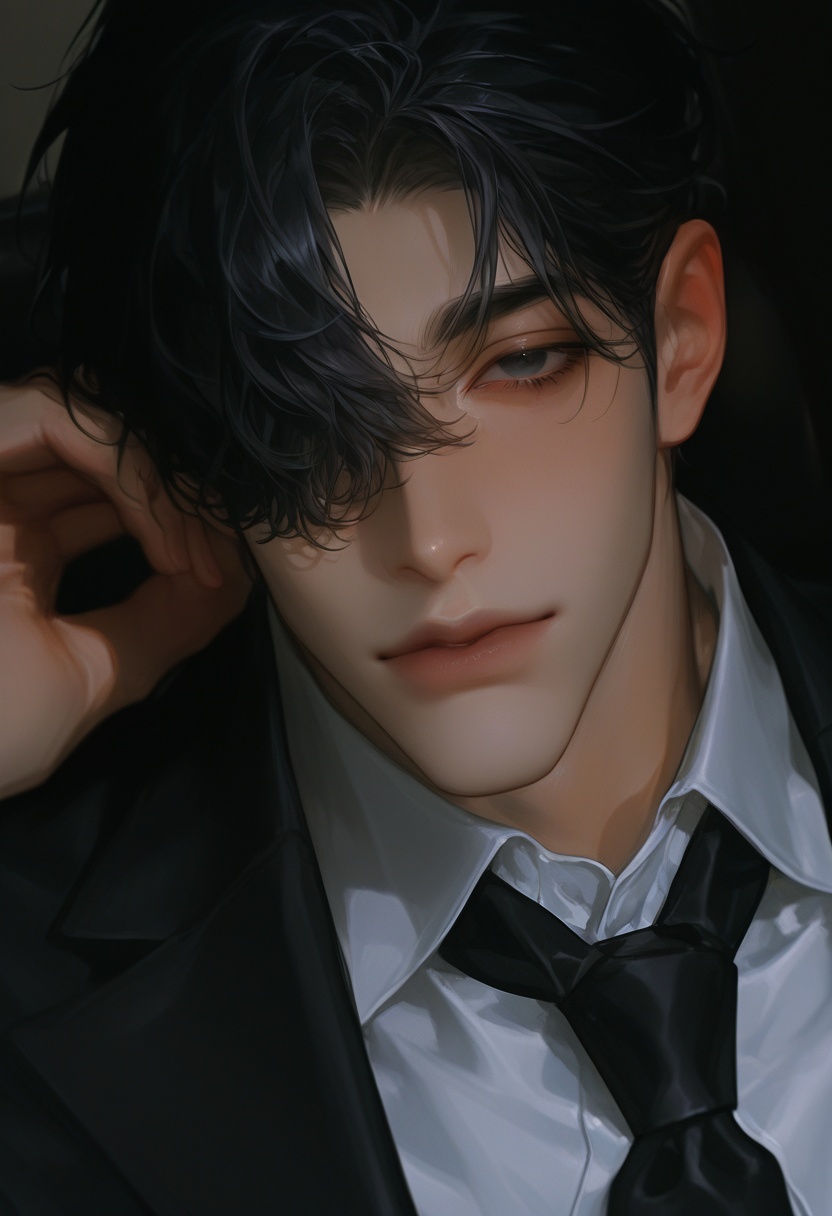 1 man a handsome black Hair,  black eyes ,  White shirt and black necktie on Tensor.Art