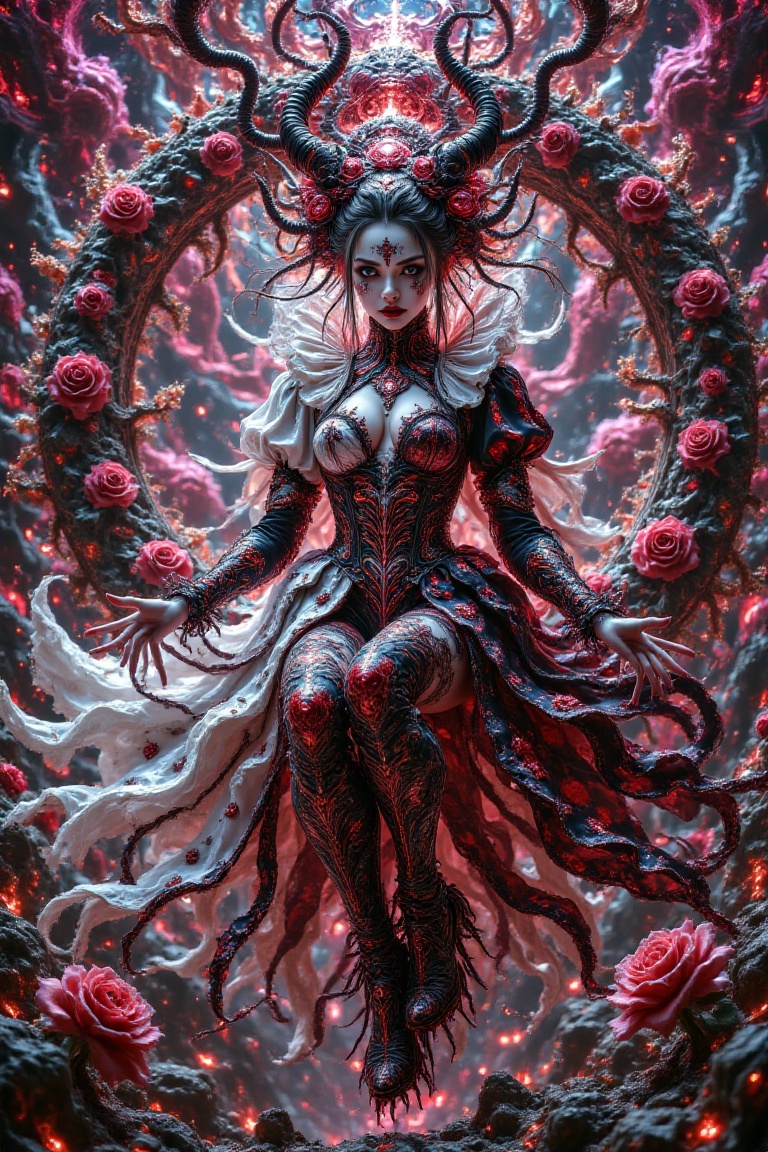darkfemcore,  beautiful French girl Pierrot hanging a rose; sitting on a crescent moon,  sweet and cinematic expression on...