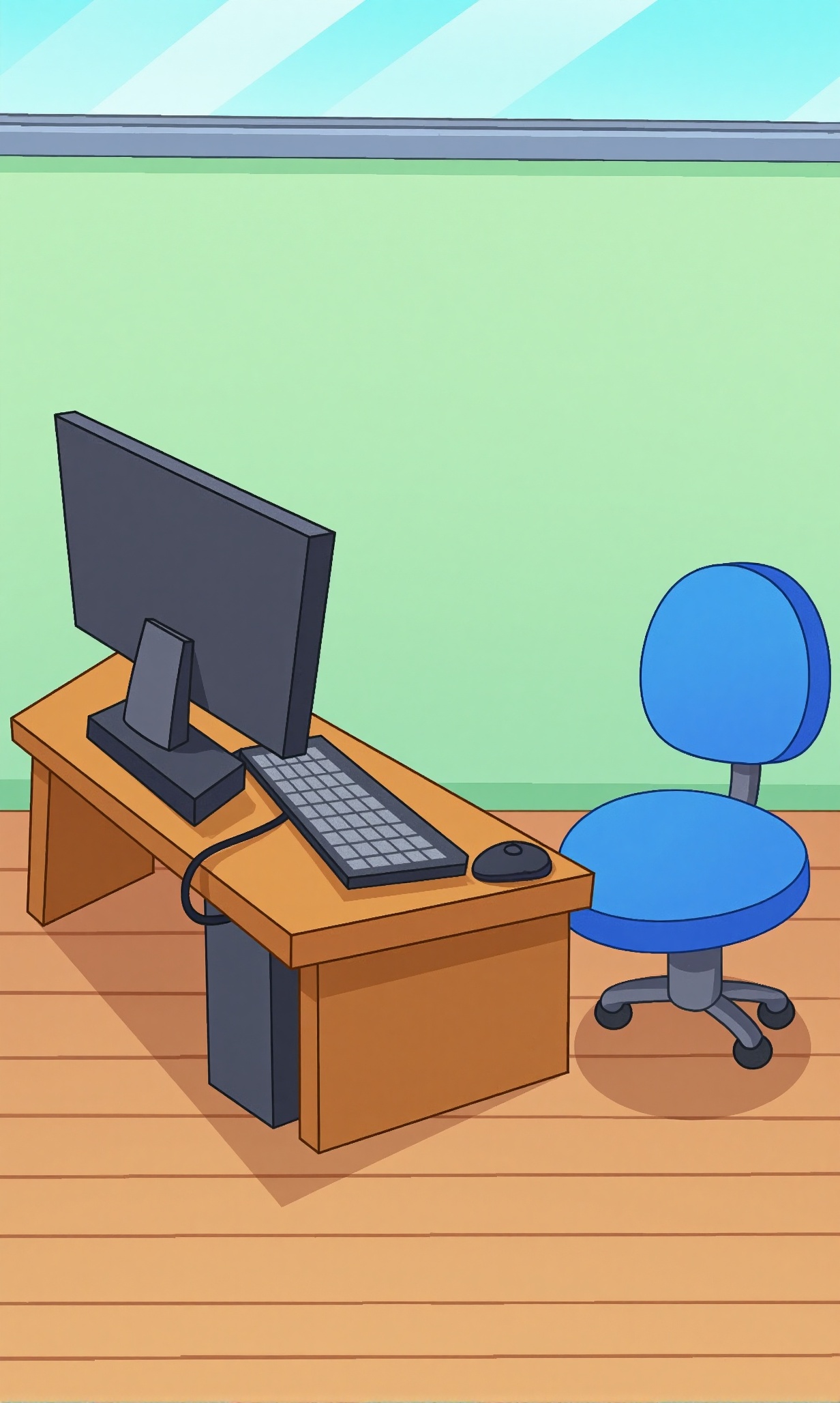 p1mp0chka style cartoon background of a simple indoor computer setup,  frontal perspective,  wooden desk with a black moni...