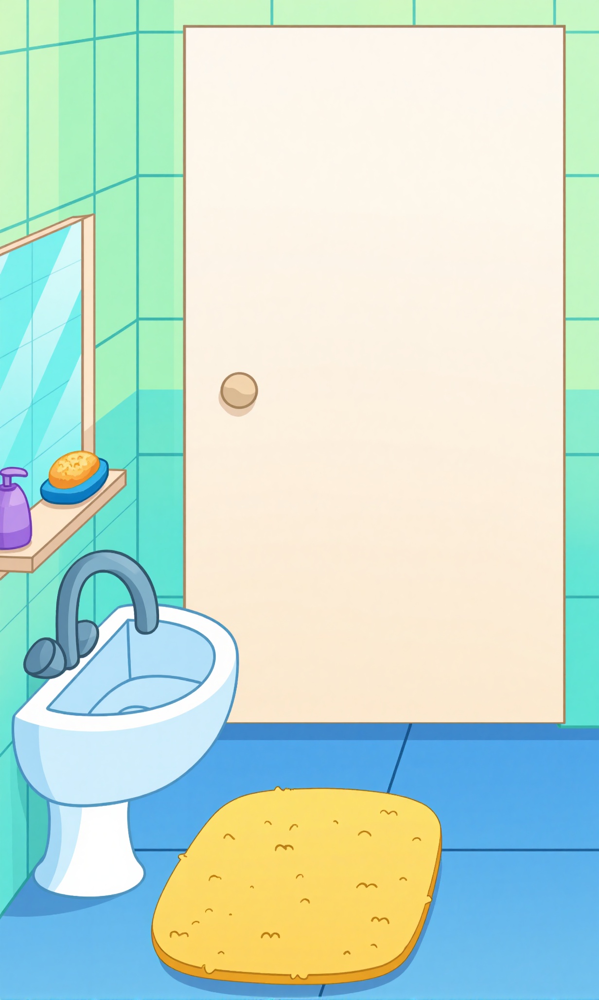 p1mp0chka style cartoon background of a clean bathroom with pastel green and blue tiled walls,  a white door in the center...