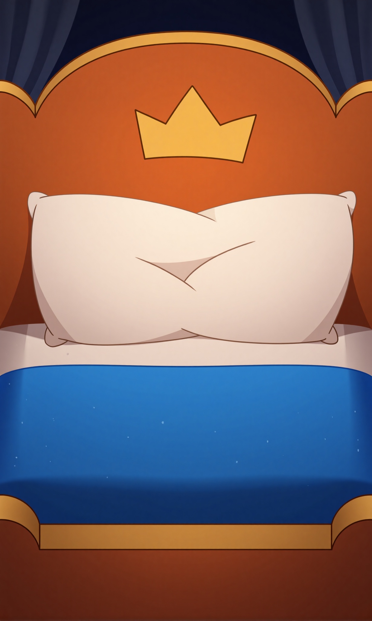 p1mp0chka style cartoon background of a cozy royal bed at night,  elegant orange and gold wooden frame with a golden crown...