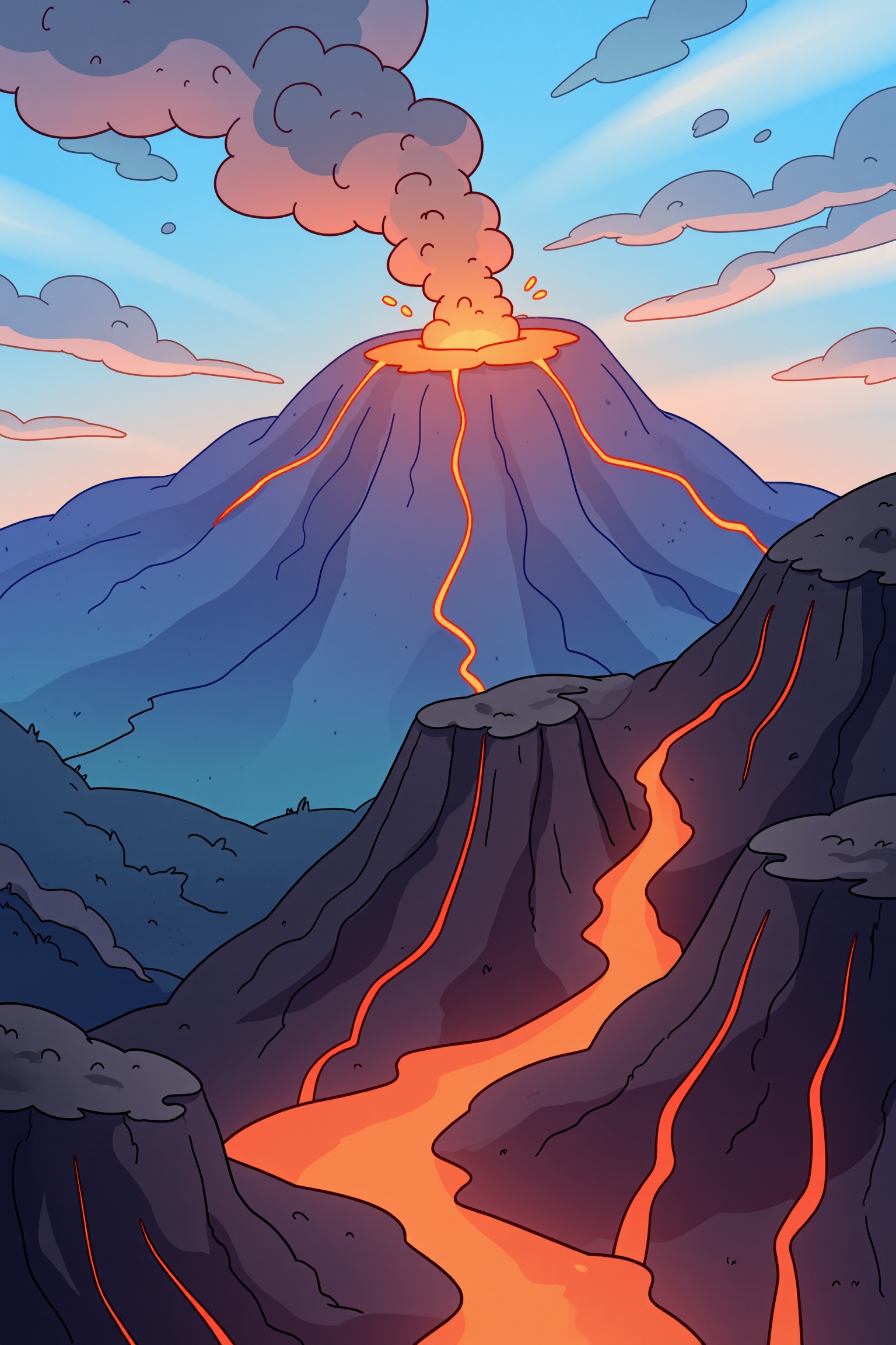 The focus of the image is on the background,  the image shows a volcanic landscape. The image is perfect.,  p1mp0chka styl...