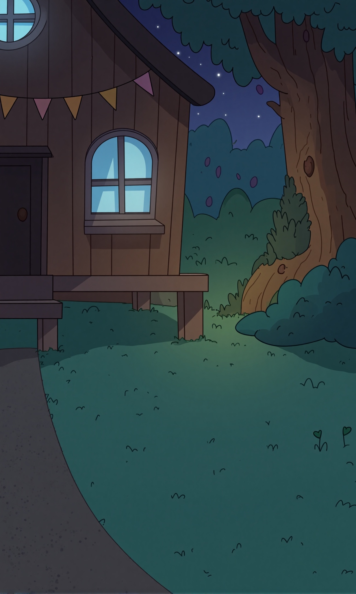 p1mp0chka style cartoon background of a small wooden cabin at night,  dark brown walls and arched window with cool blue mo...
