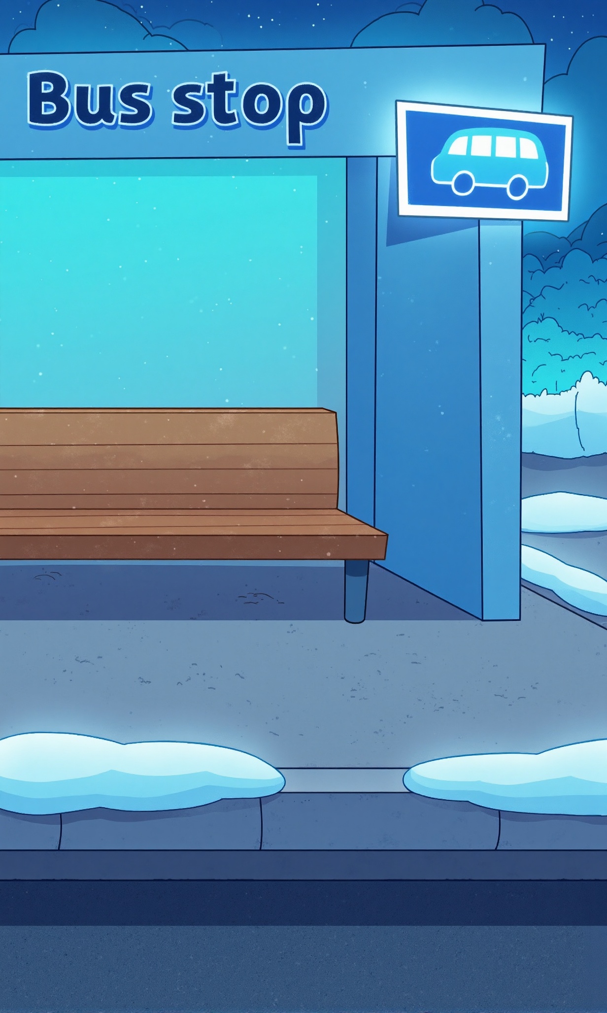 p1mp0chka style cartoon background of a snowy urban bus stop at night,  light blue shelter with a wooden bench inside,  "B...