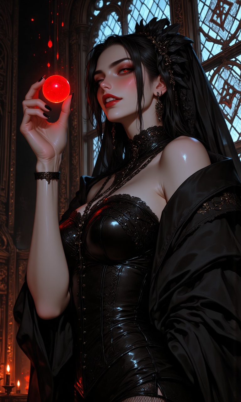 A very stunningly lovely,  incredibly gorgeous,  and charmingly pretty girl leans against a gothic window frame on Tensor.Art