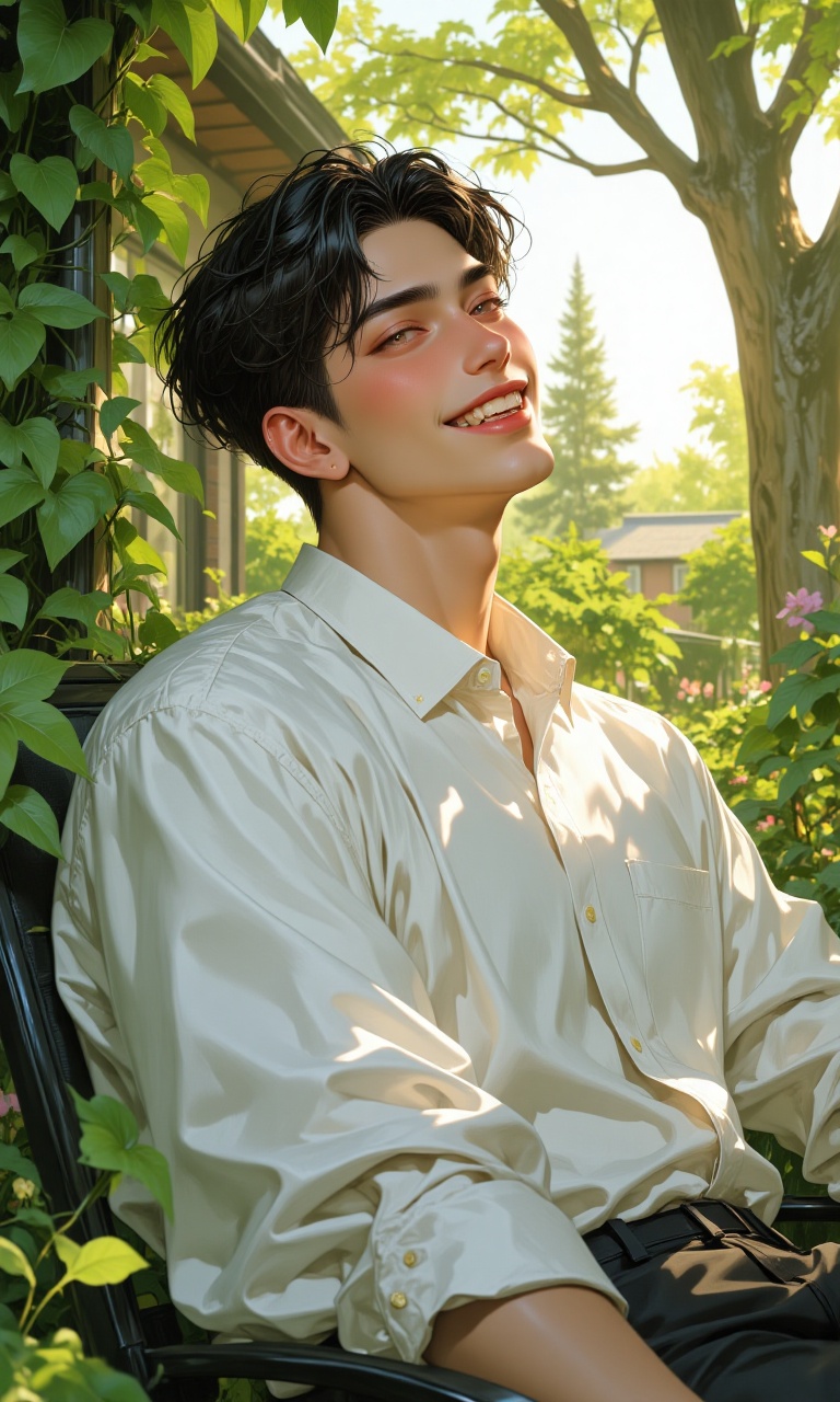 ((1man)) A young man with short black hair and warm brown eyes,  smiling brightly with ((visible braces)). He is wearing a...