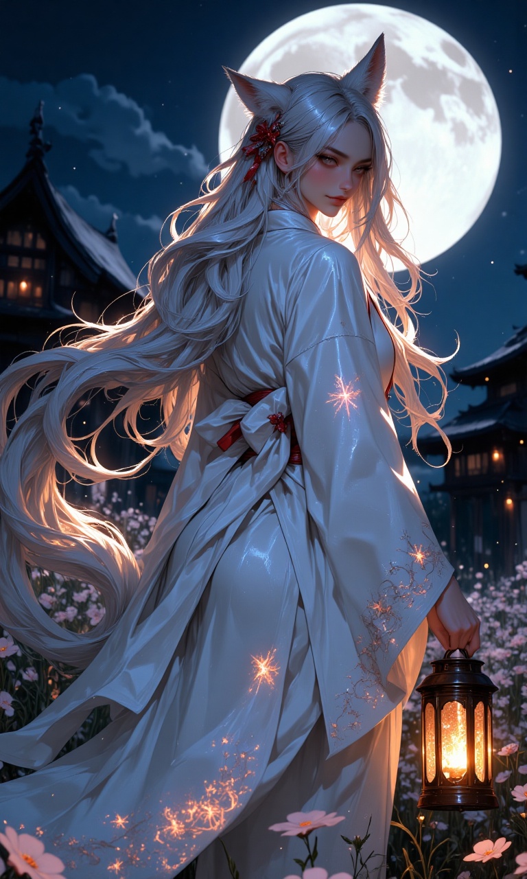 A very stunningly lovely,  incredibly gorgeous,  and charmingly pretty girl with silver fox ears and nine glowing tails st...