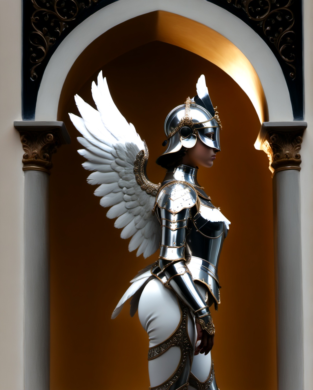 Create an image of a regal,  armored figure with angelic features. The armor is intricately designed,  with a high level o...