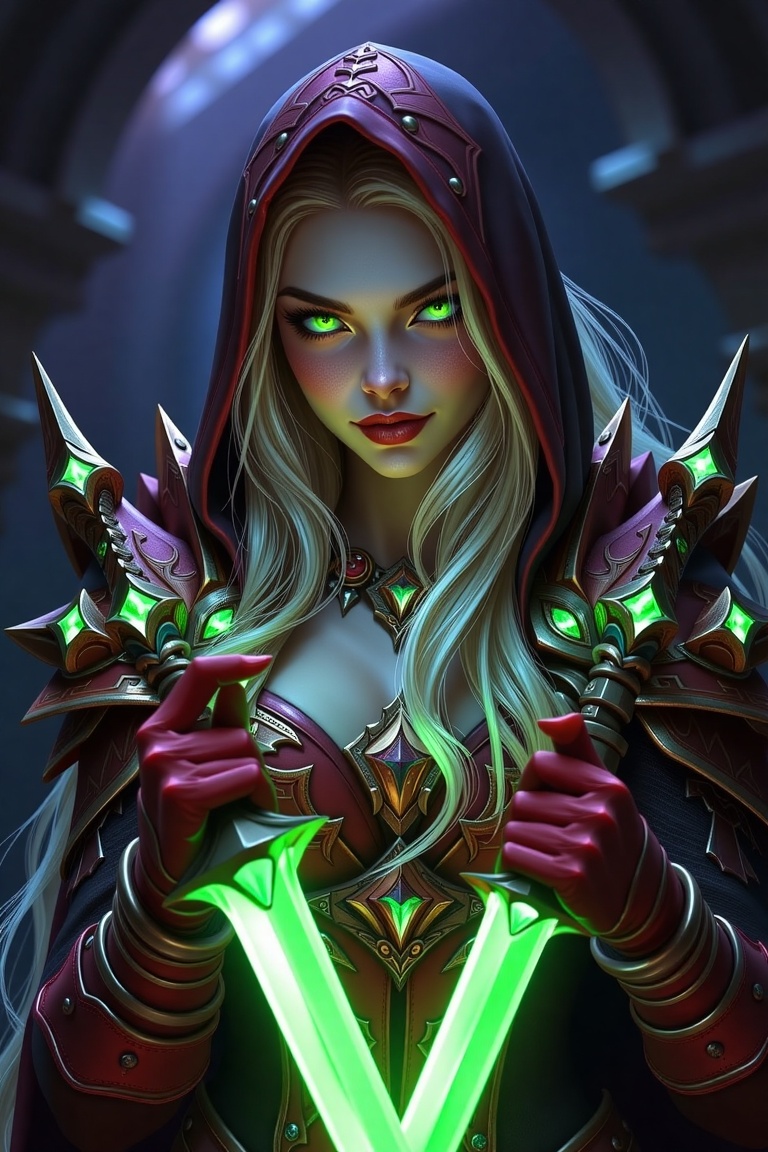 A highly detailed,  realistic photograph of Valeera Sanguinar from the World of Warcraft universe,  rendered with intricat...