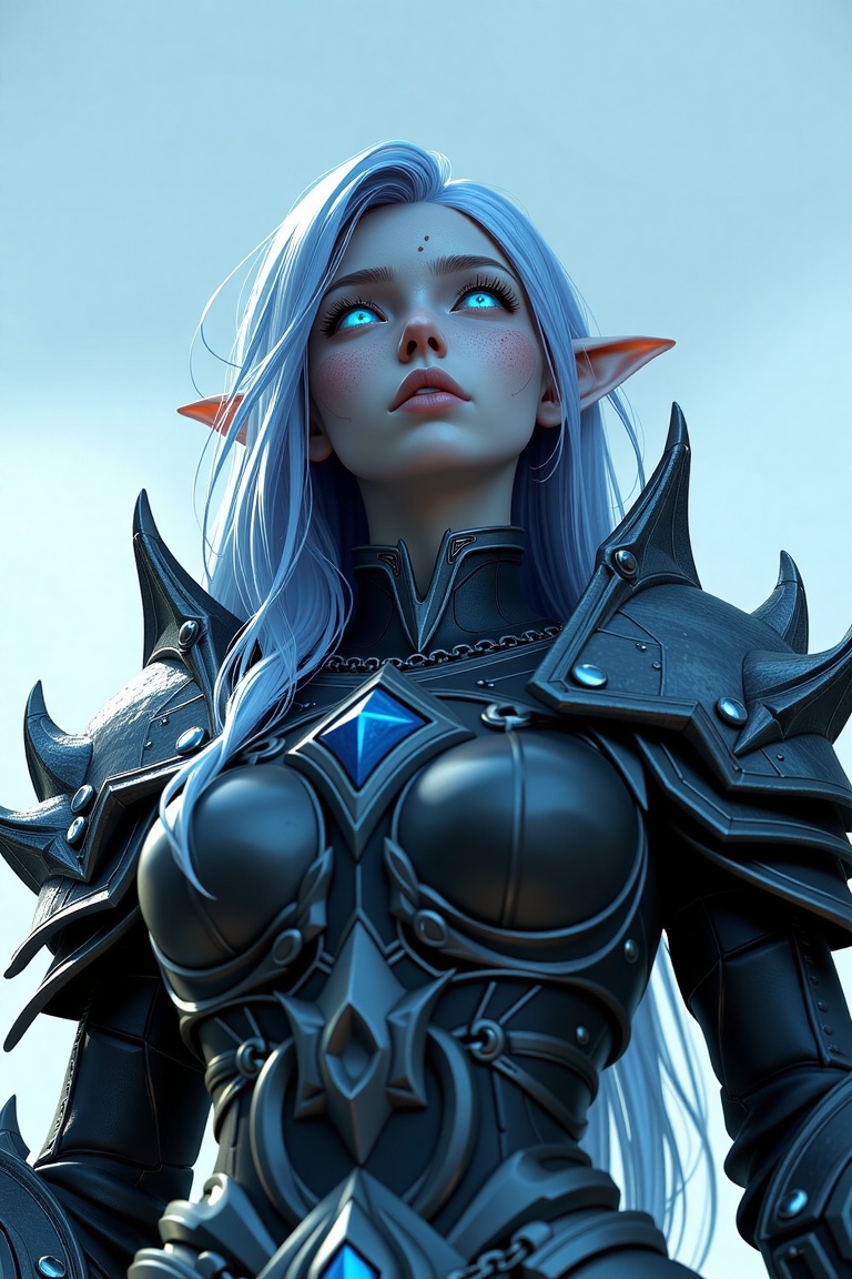 A highly detailed and realistic render of a female Night Elf Death Knight from World of Warcraft,  viewed from a slightly...