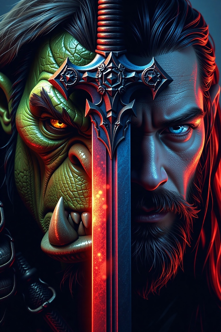 A highly detailed photograph of a powerful and iconic movie poster or promotional art for the Warcraft film,  featuring a...
