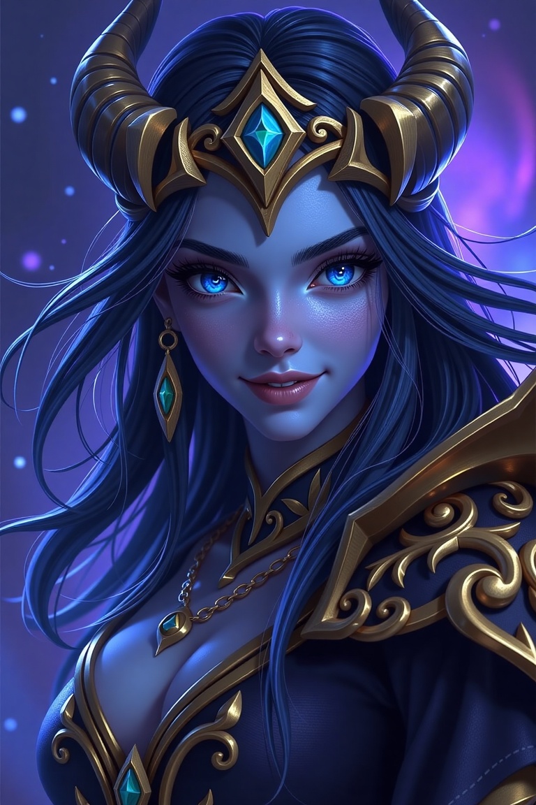 A highly detailed photograph of a female void elf from World of Warcraft,  featuring glowing blue eyes and dark,  flowing...