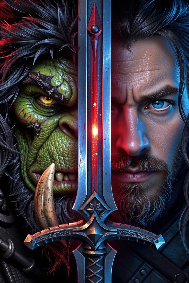 A highly detailed photograph of a powerful and iconic movie poster or promotional art for the Warcraft film,  featuring a...