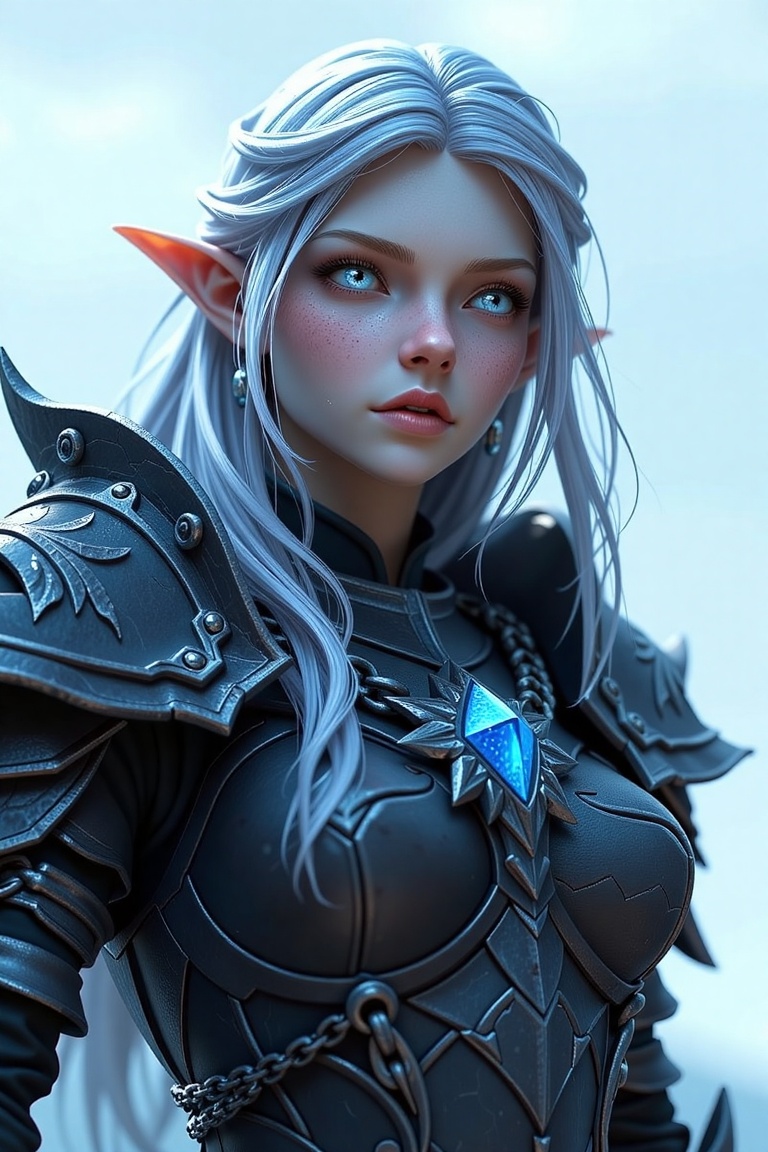 A highly detailed and realistic render of a female Night Elf Death Knight from World of Warcraft,  viewed from a slightly...