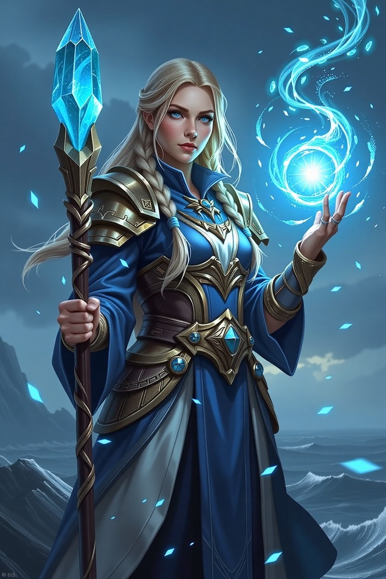 A highly detailed,  realistic photograph of Jaina Proudmoore,  a powerful human mage from the World of Warcraft universe....