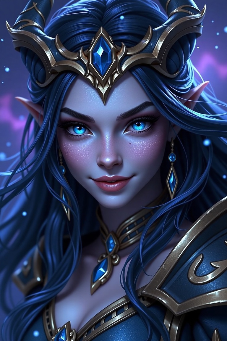 A highly detailed photograph of a female void elf from World of Warcraft,  featuring glowing blue eyes and dark,  flowing...