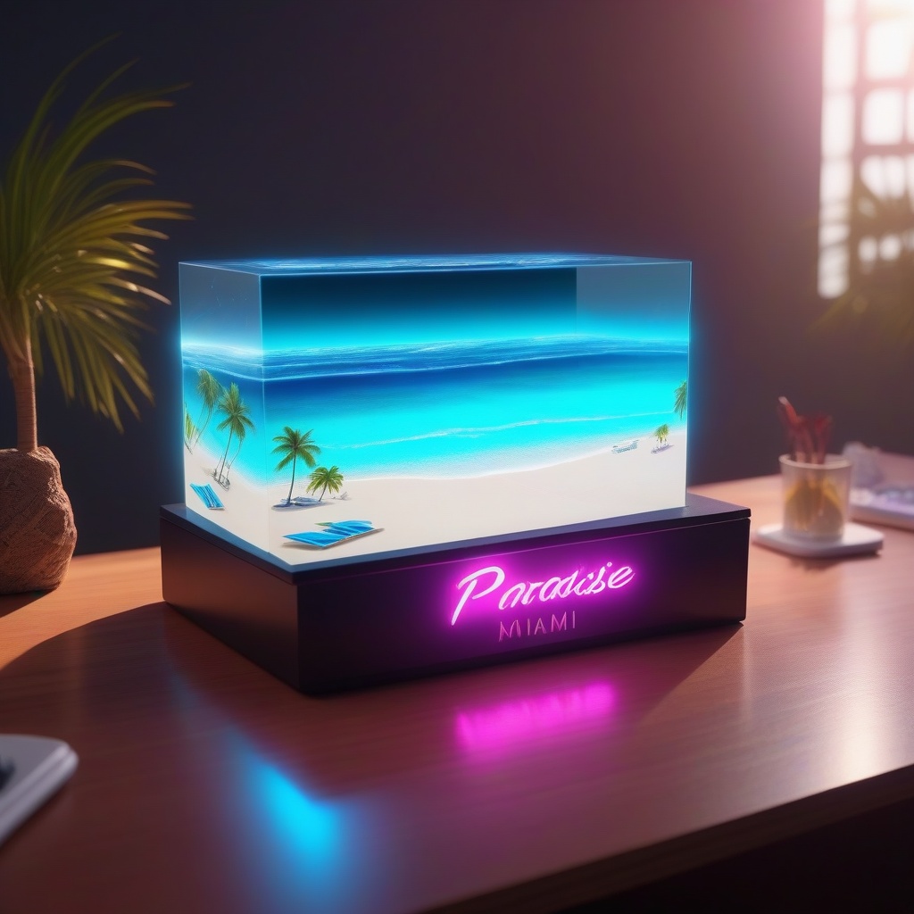 small tourism hologram of a paradise beach on a desk,  realistic,  miami beach hologram on Tensor.Art