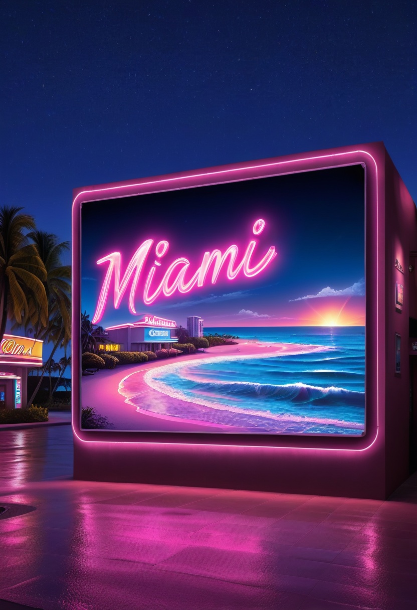theatre venue with "miami" surf movie picture on the billboard,  night,  entrance on Tensor.Art