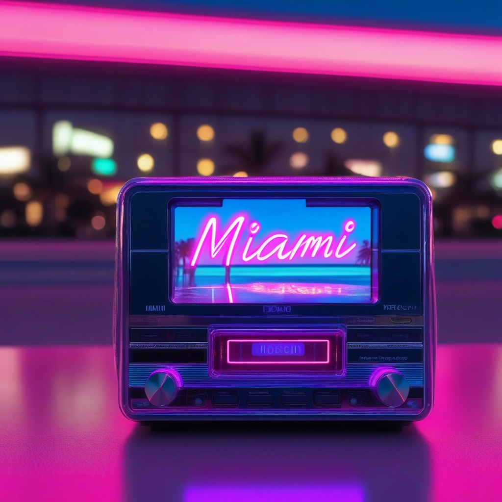 "miami" beach hologram,  (macro) focused on a perfect detailed realistic classic portable cd player on the reflective surf...