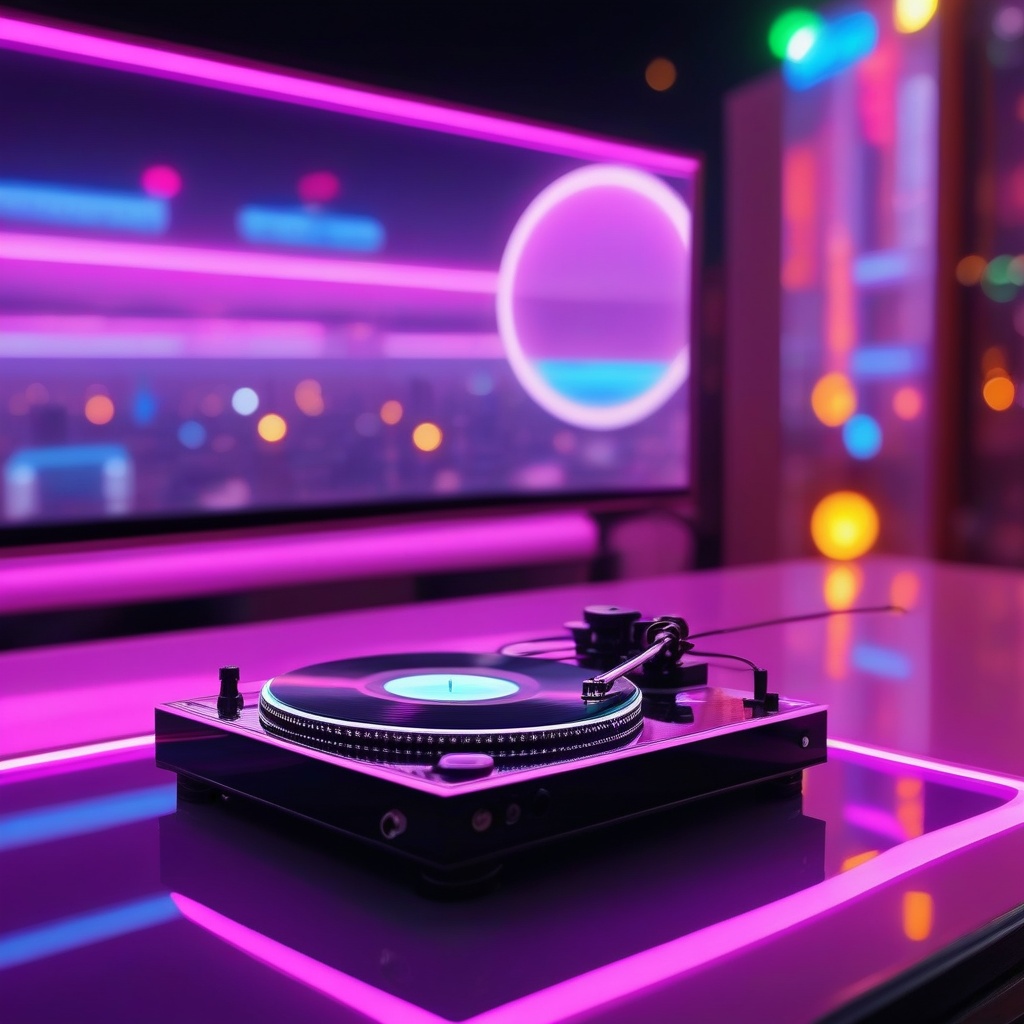 (macro) focused on a perfect detailed realistic compact turntable system with leds on the reflective surface,  neon sticke...