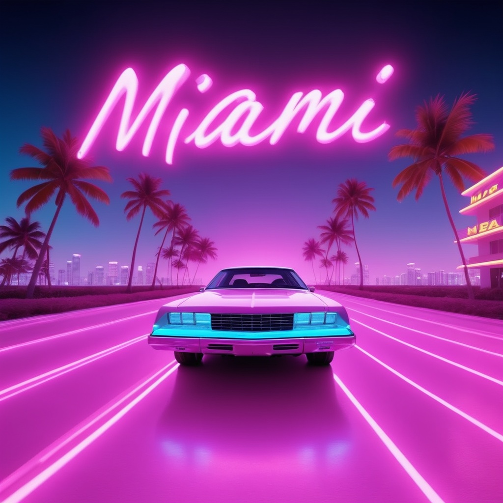 miami beach hologram style,  a car in high velocity on the road,  neon text "Miami" on Tensor.Art