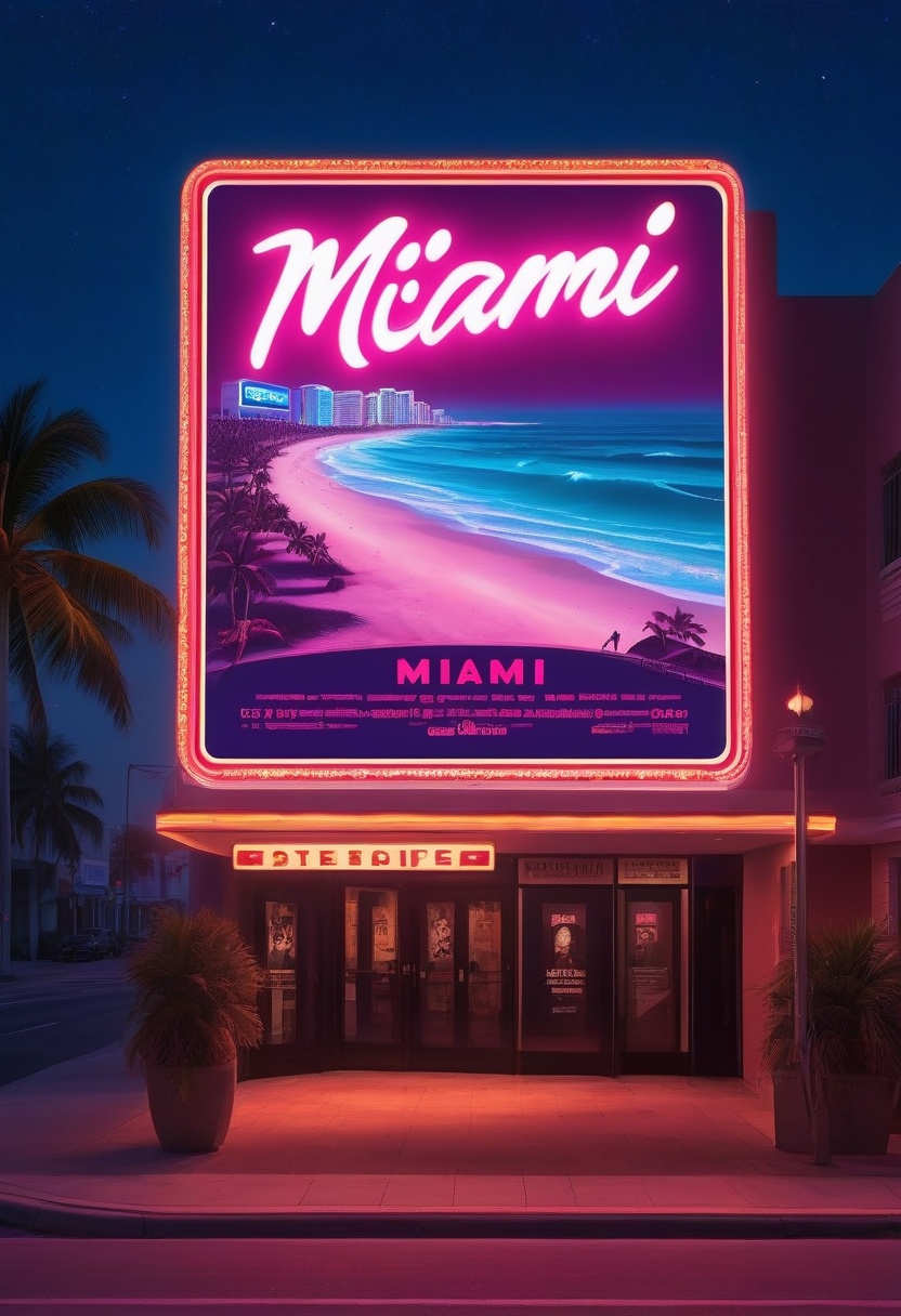 theatre venue with "miami" surf movie picture on the billboard,  night,  entrance on Tensor.Art